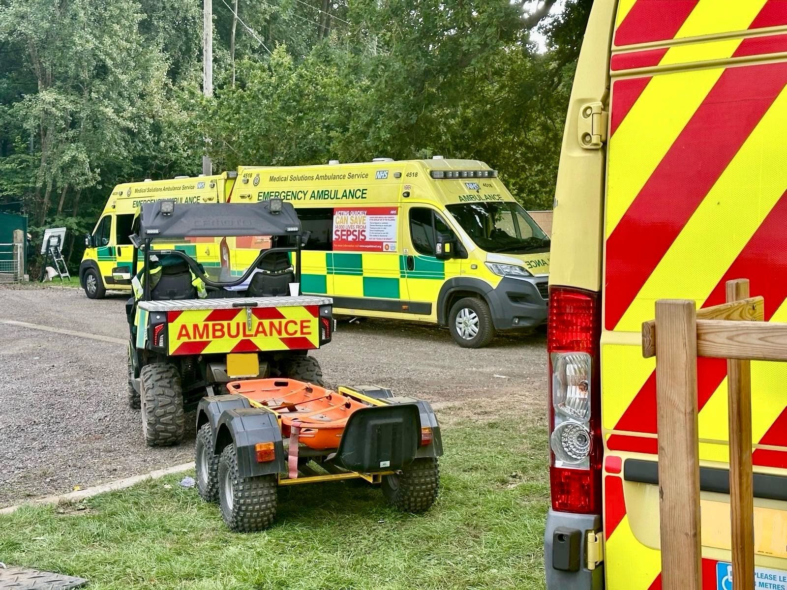 Z8 side-by-side rescue vehicle towing a ResQ trailer beside our ambulances